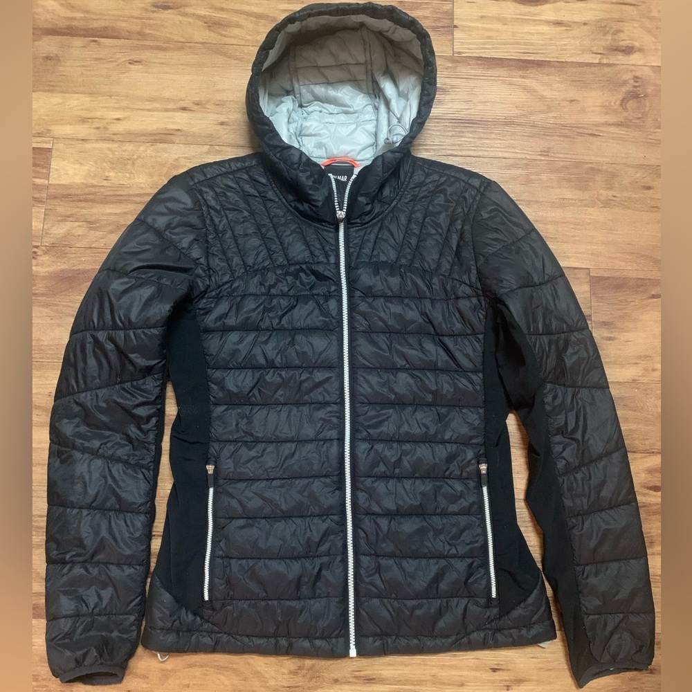 COLMAR Short Black Packable Quilted Puffer Jacket Attached Hood Gray Interior